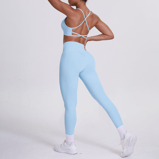 Sling Backless Sports Bra & Pocket Pants Yoga Set | Nude Feel Activewear Set | 10 Colors | Sizes S-XL