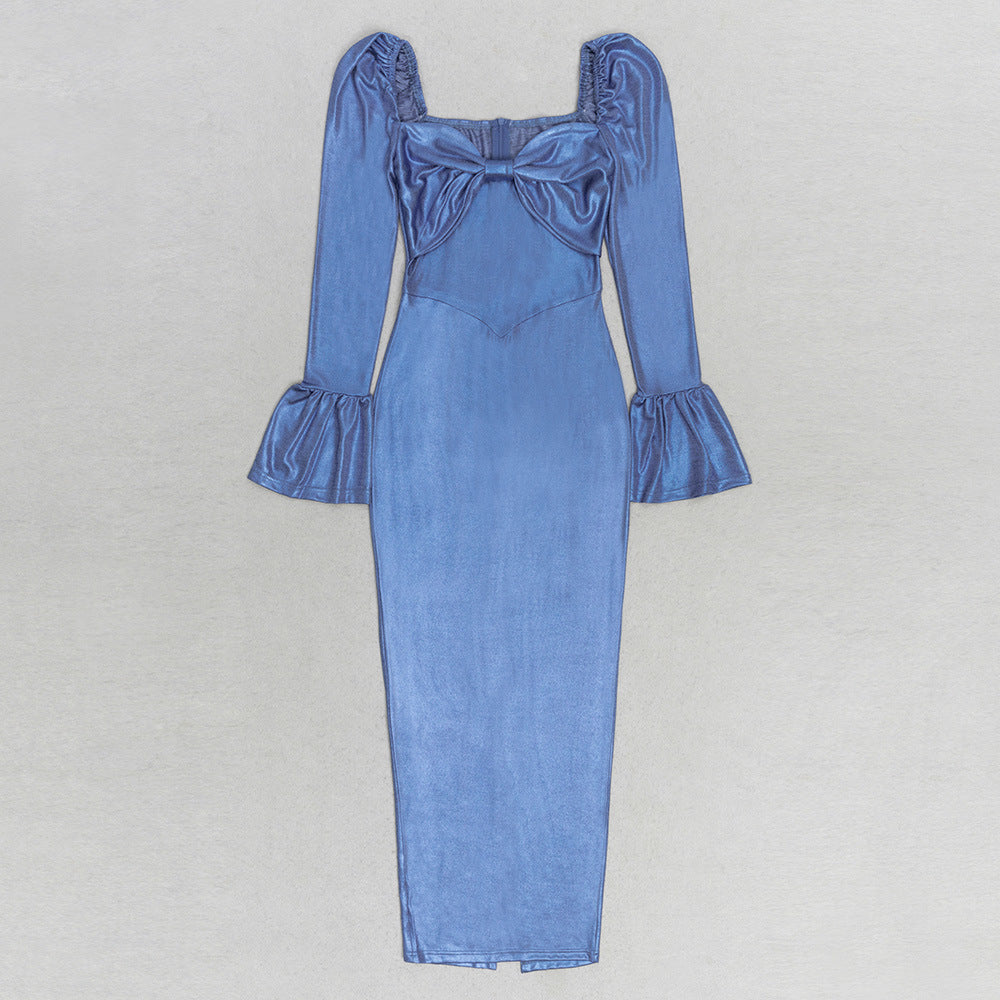 Misty Blue Tube Top Long Sleeve Back Slit Dress