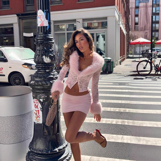 Women’s V-Neck Lace & Ruched Two-Piece Set – Slim Fit Long Sleeve Top & Mini Skirt