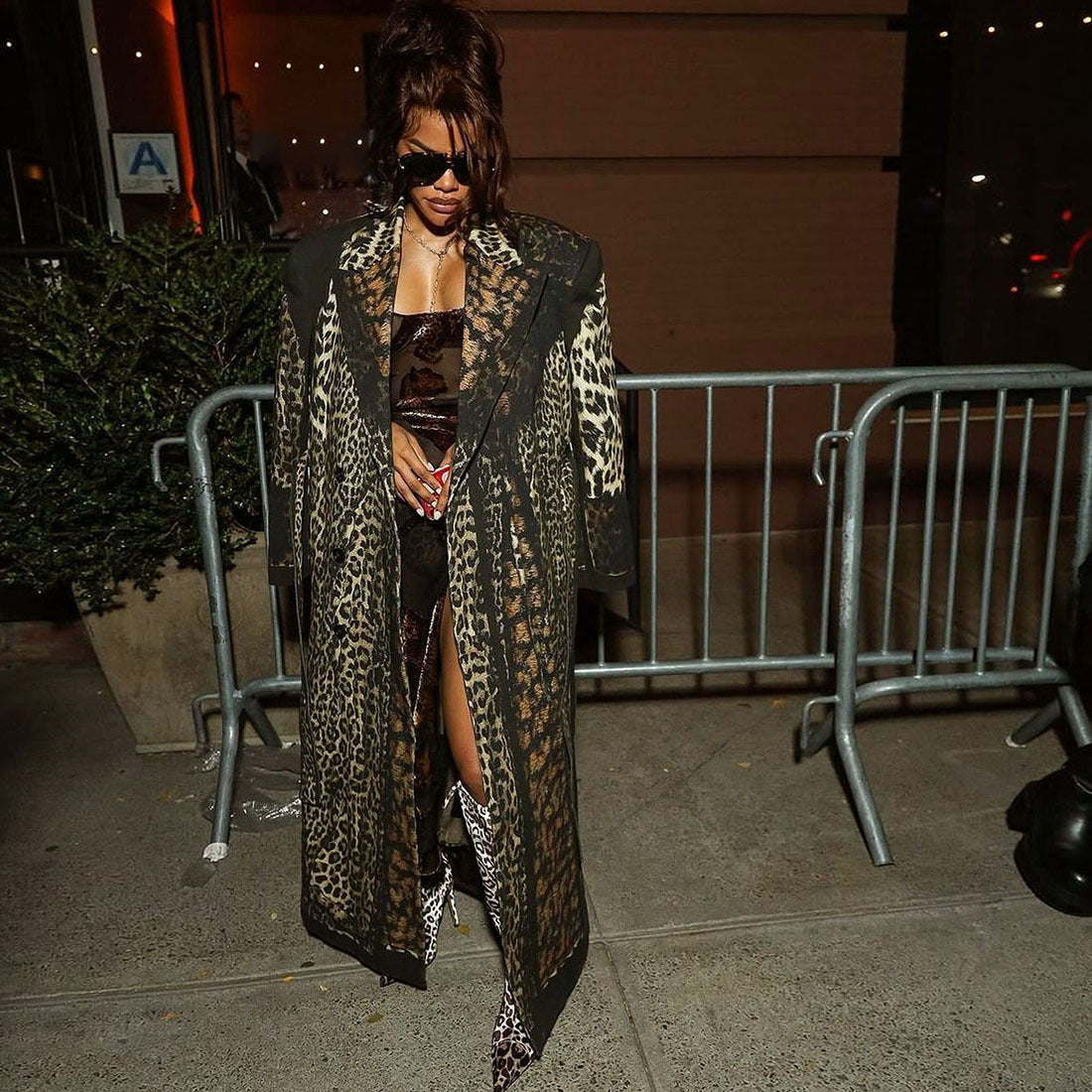 Women’s Leopard Print Belted Trench Coat – Casual Extra-Long Animal Print Coat