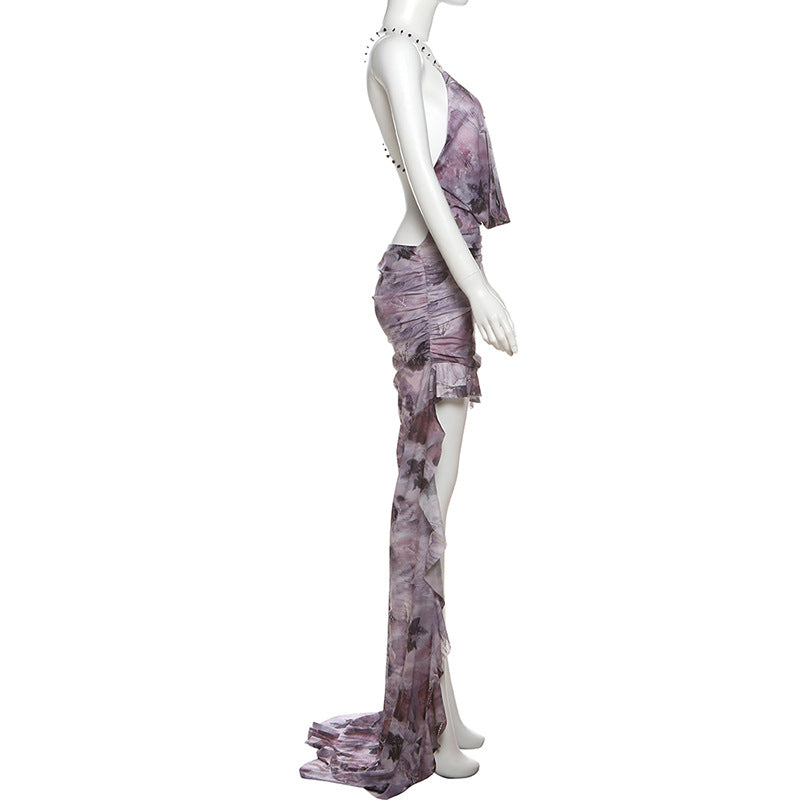 Sexy Backless Cowl Neck Slip Dress – High Low Printed Maxi with Metal Chain