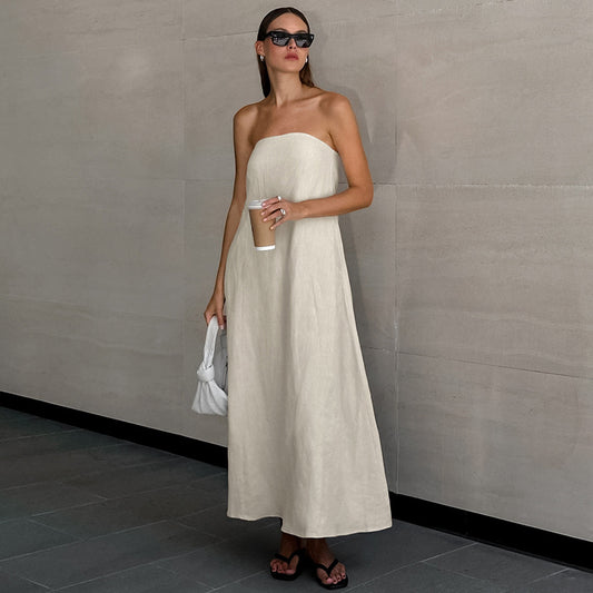 French Khaki Cotton Linen Tube Top Backless Maxi Dress