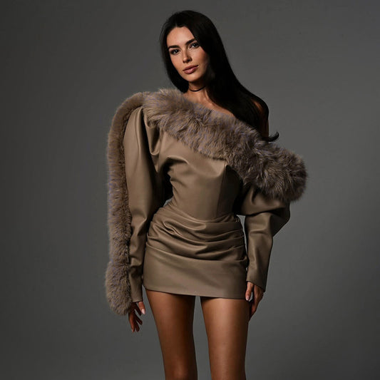 Women’s Faux Leather One-Shoulder Dress – Fur Collar Long Sleeve Bodycon Mini Dress