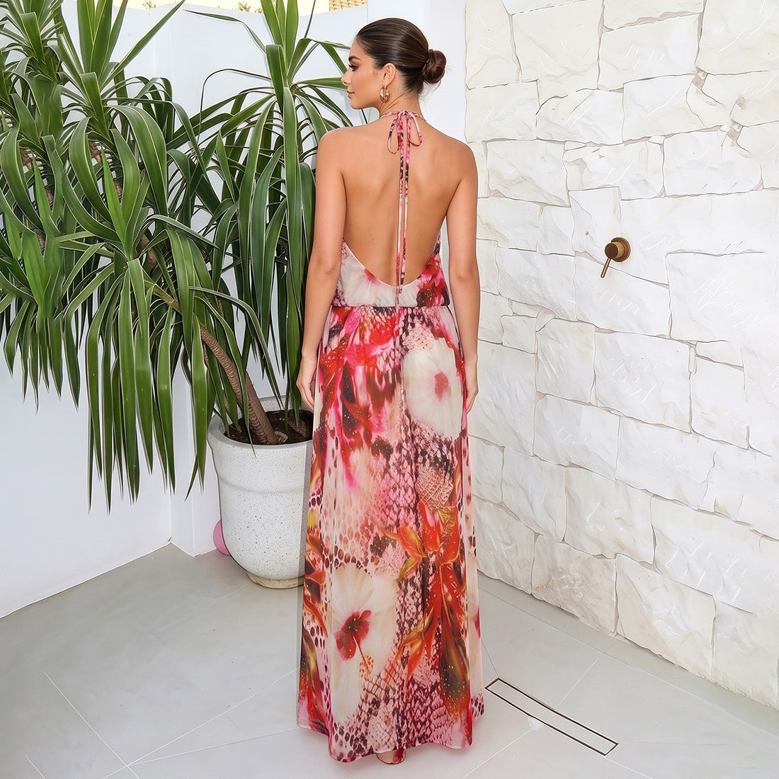 Women's Halter Backless Maxi Dress – Sexy V-Neck Split A-Line Summer Dress