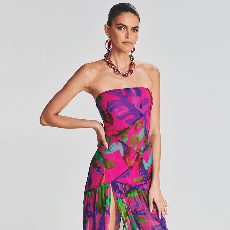 Sexy Strapless Backless Printed Maxi Dress with Split – Vacation Essential