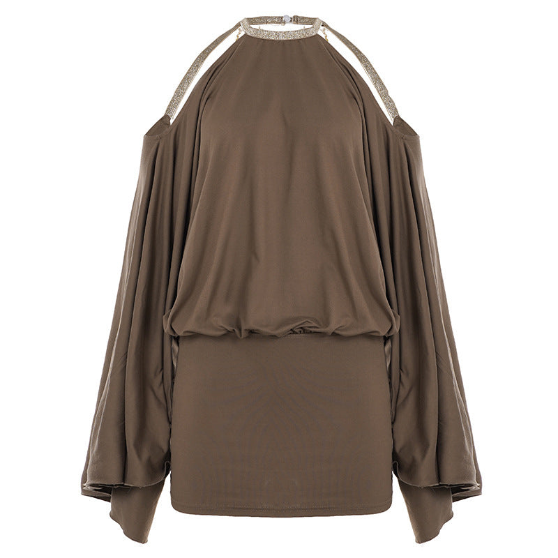 Brown Off-Shoulder Batwing Mini Dress | Backless Asymmetric Cutout | London's Closet London's Closet Boutique Brown Off-Shoulder Batwing Mini Dress | Backless Asymmetric Cutout | London's Closet London's Closet Boutique