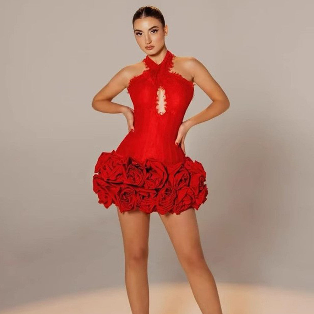 Red Floral Bandage Mini Dress: Halter Backless Lace Trim