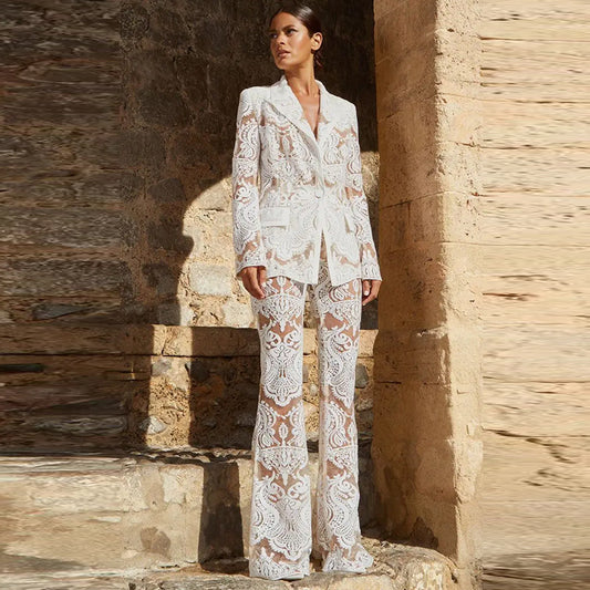 Embroidered Mesh Blazer & Trousers Set