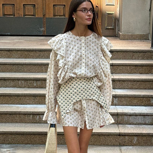 Elegant Printed A-Line Mini Dress - Ruffle Panel Sleeves