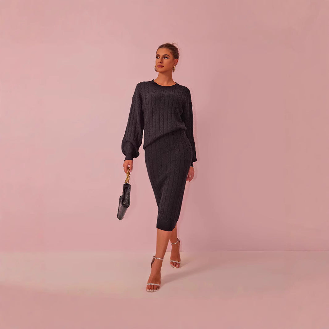 Women’s Twist Stitch Sweater and Midi Skirt Set – Long Sleeve Crew Neck Sweater with Pockets
