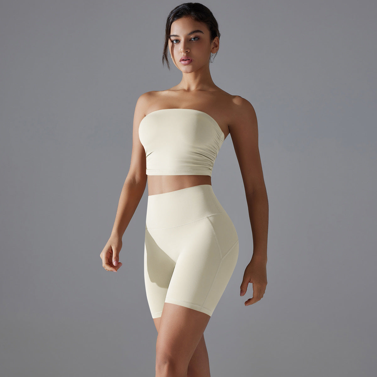 One Piece Pleated Tube Top High Waist Yoga Set
