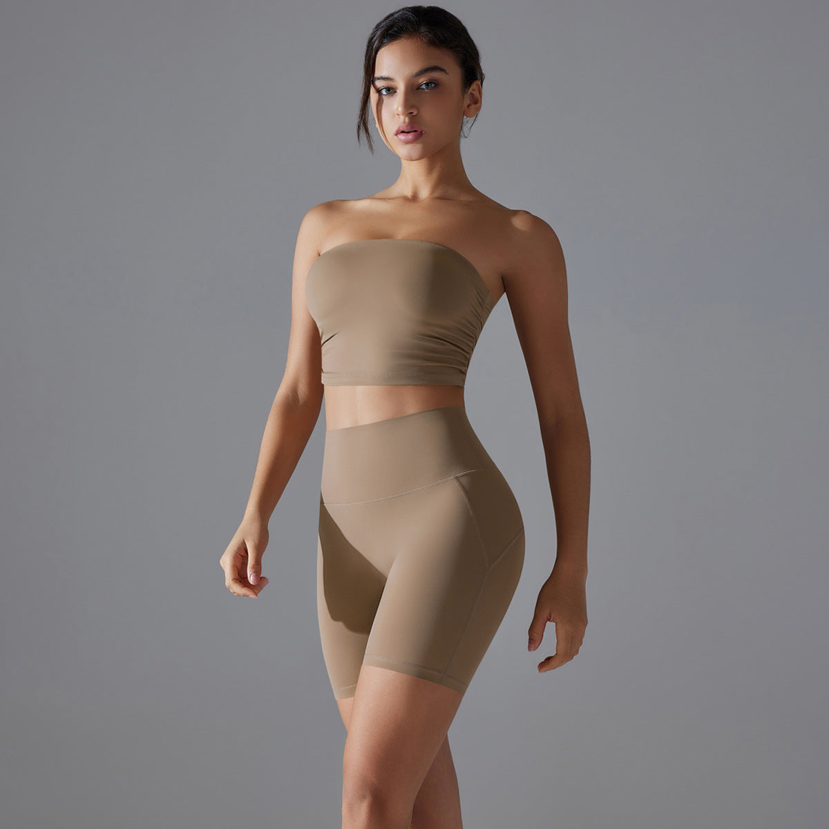 One Piece Pleated Tube Top High Waist Yoga Set