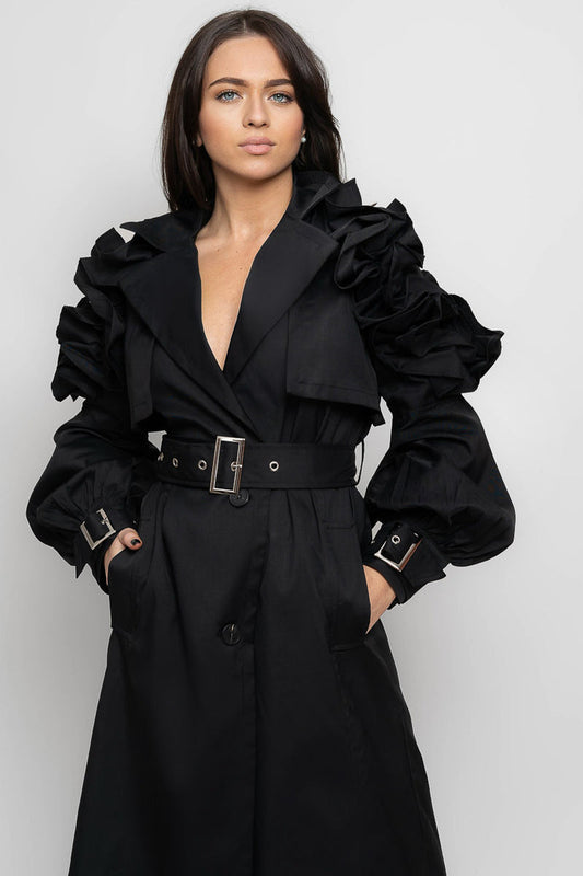 Mallory’s Chic Ruffle Belted Trench Coat