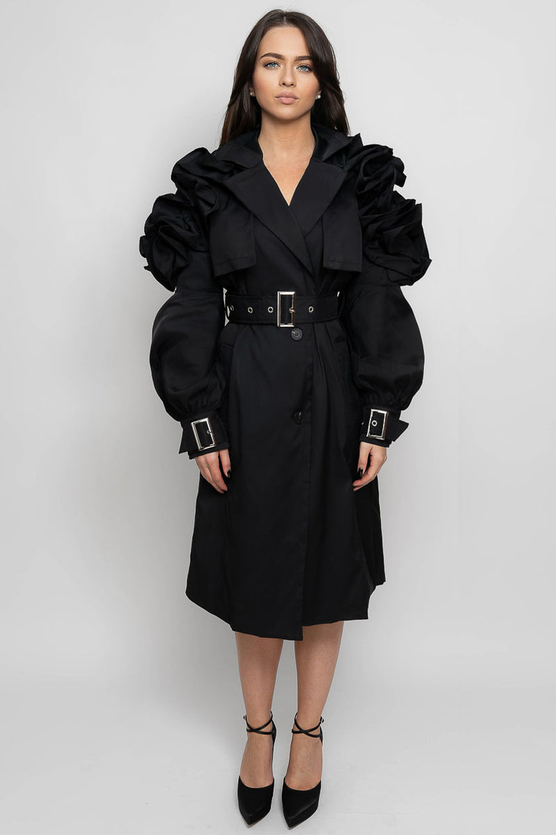 Mallory’s Chic Ruffle Belted Trench Coat