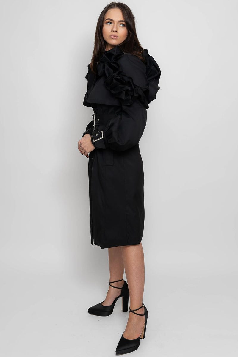 Mallory’s Chic Ruffle Belted Trench Coat
