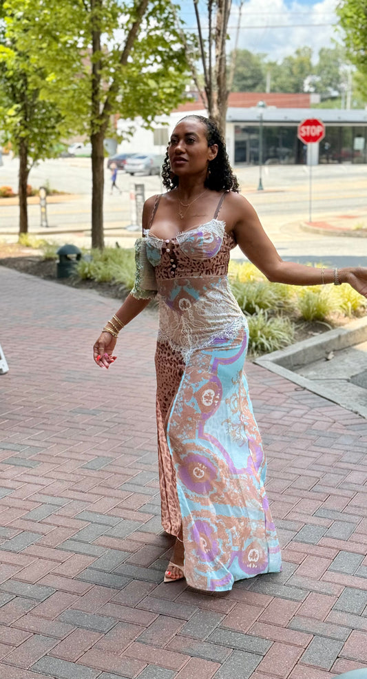 Sexy Animal Print Maxi Cami Dress for Women – Split Tube Top Bodycon with Lace and Boning Detail