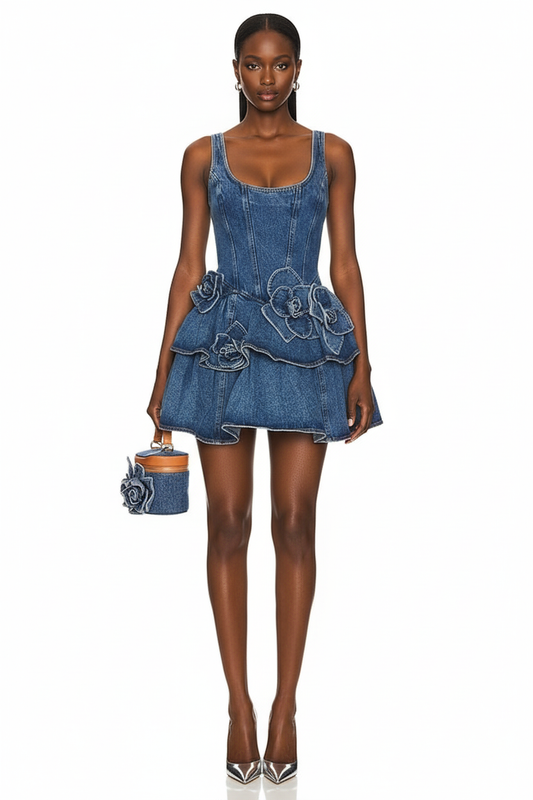 Denim Tiered Mini Dress with 3D Flower Detail