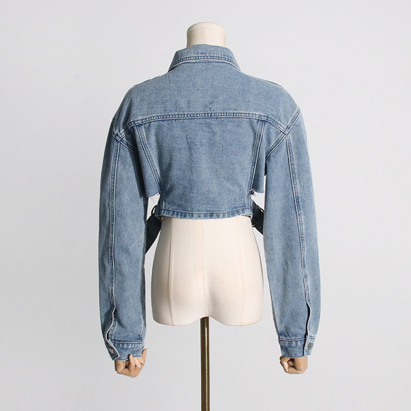 TaKyia's Trendy Hollow Out Collared Long Sleeve Denim