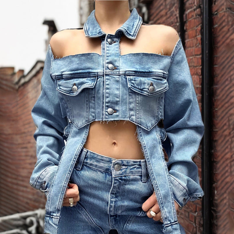 TaKyia's Trendy Hollow Out Collared Long Sleeve Denim