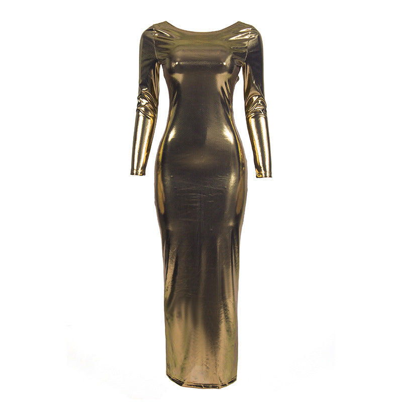 Metallia's Long Sleeve Backless Long Glossy Dress London's Closet Boutique Metallia's Long Sleeve Backless Long Glossy Dress London's Closet Boutique