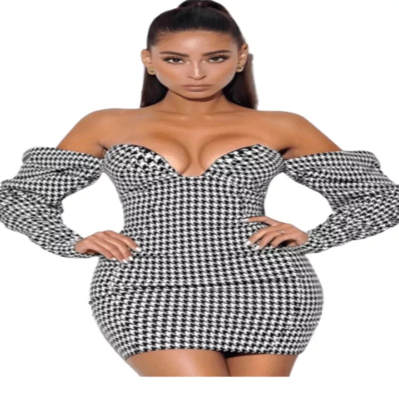 Daydreamin' Puff Sleeve Houndstooth Dress - London's Closet Boutique