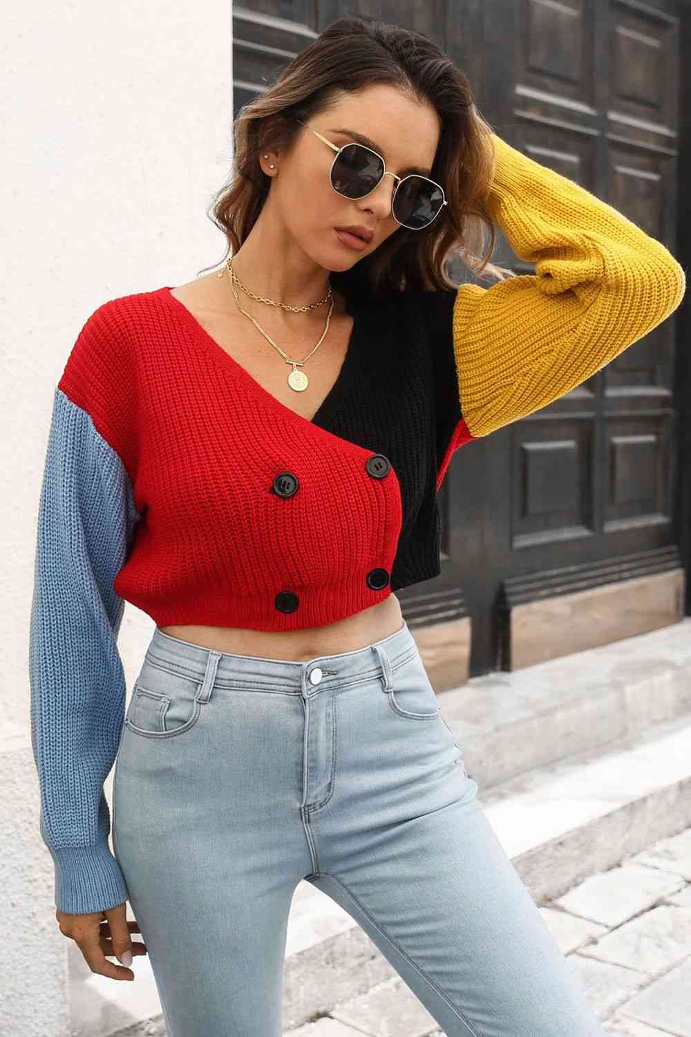 Cropped Contrast Color V- Neck Buttoned Cardigan