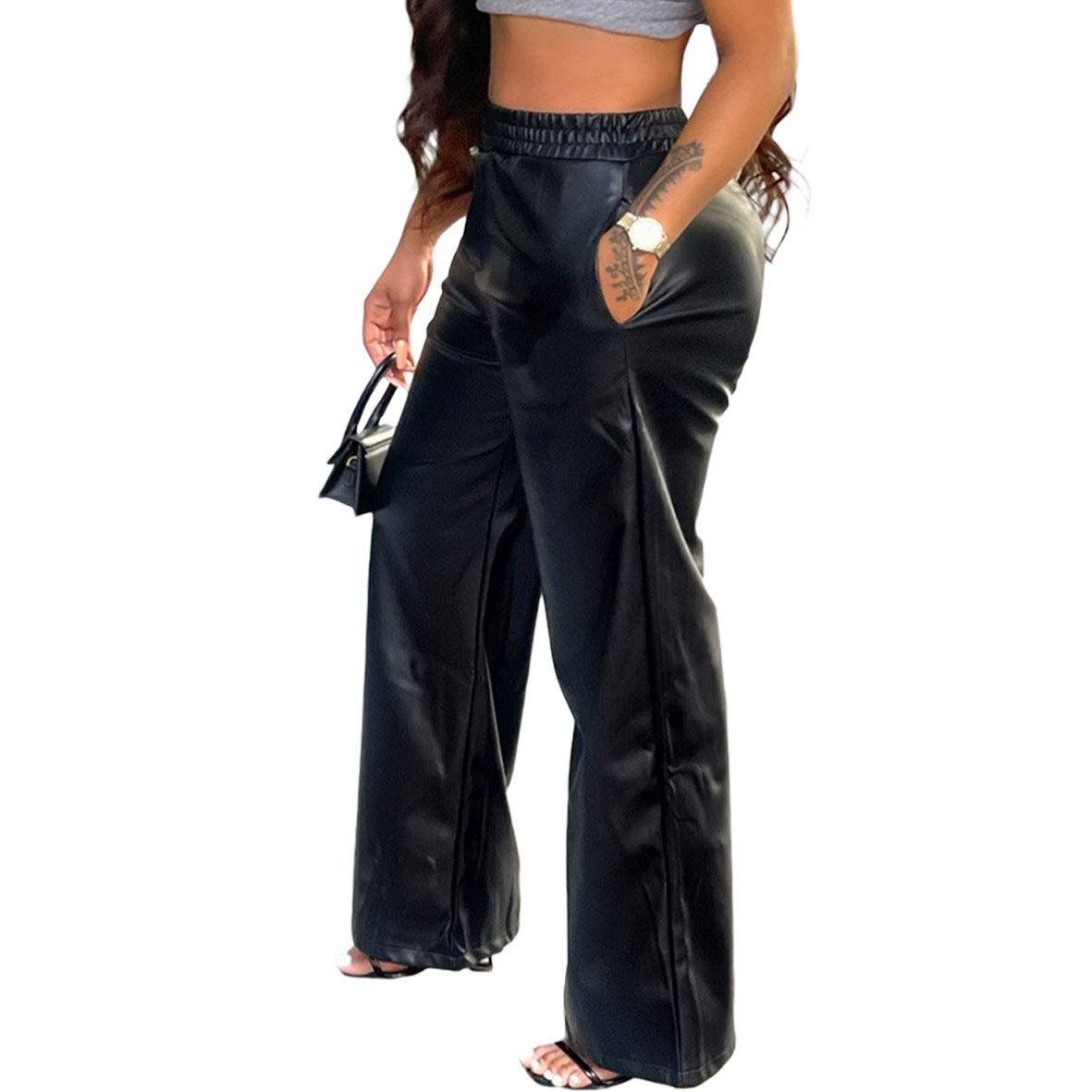 Loose Wrap Wide Leg Pocket Faux Leather Pants - London's Closet Boutique