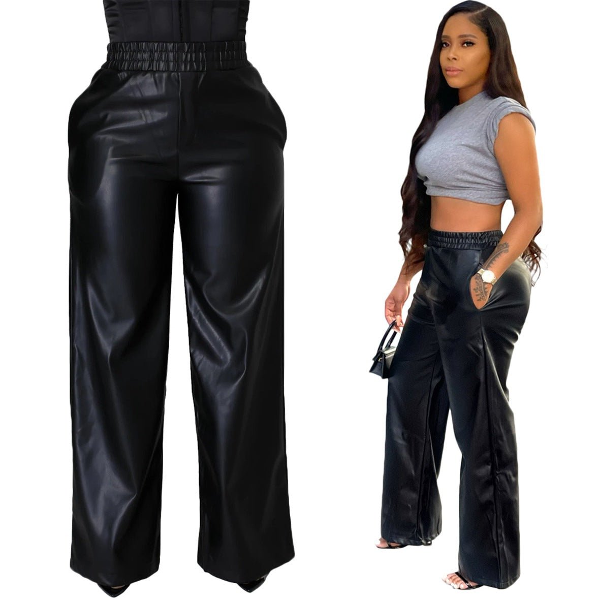 Loose Wrap Wide Leg Pocket Faux Leather Pants - London's Closet Boutique