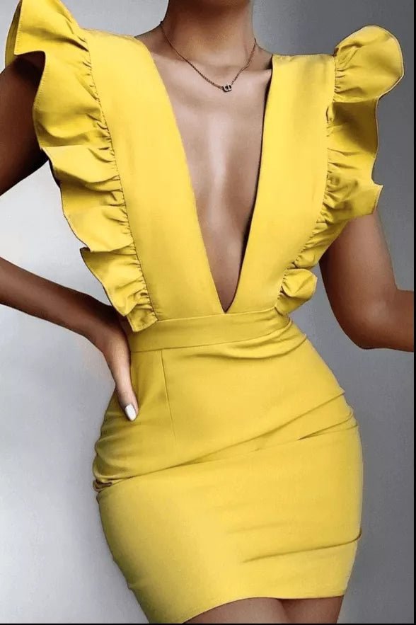 Ruffle Me Trim Plunge Front Mini Dress - London's Closet Boutique